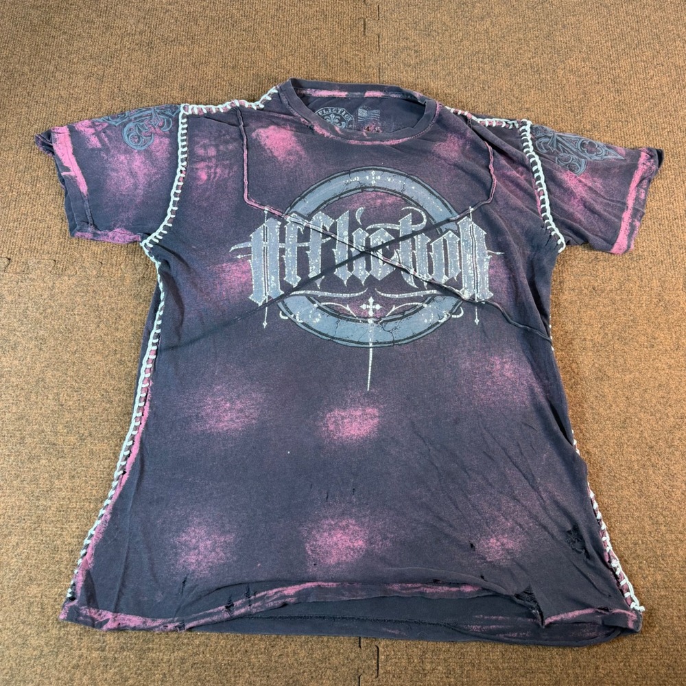 Affliction Live Fast T Shirt Mens Large Distressed Purple Acid Wash Y2K MMA Tee
